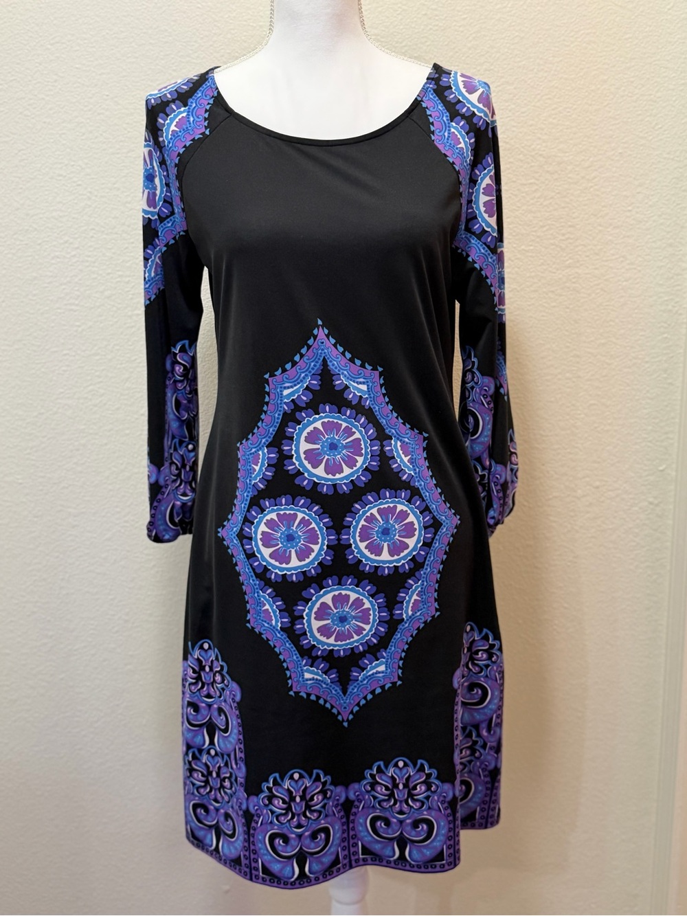 INC International Concepts Black Dress with Purple Medallion Print, size Med